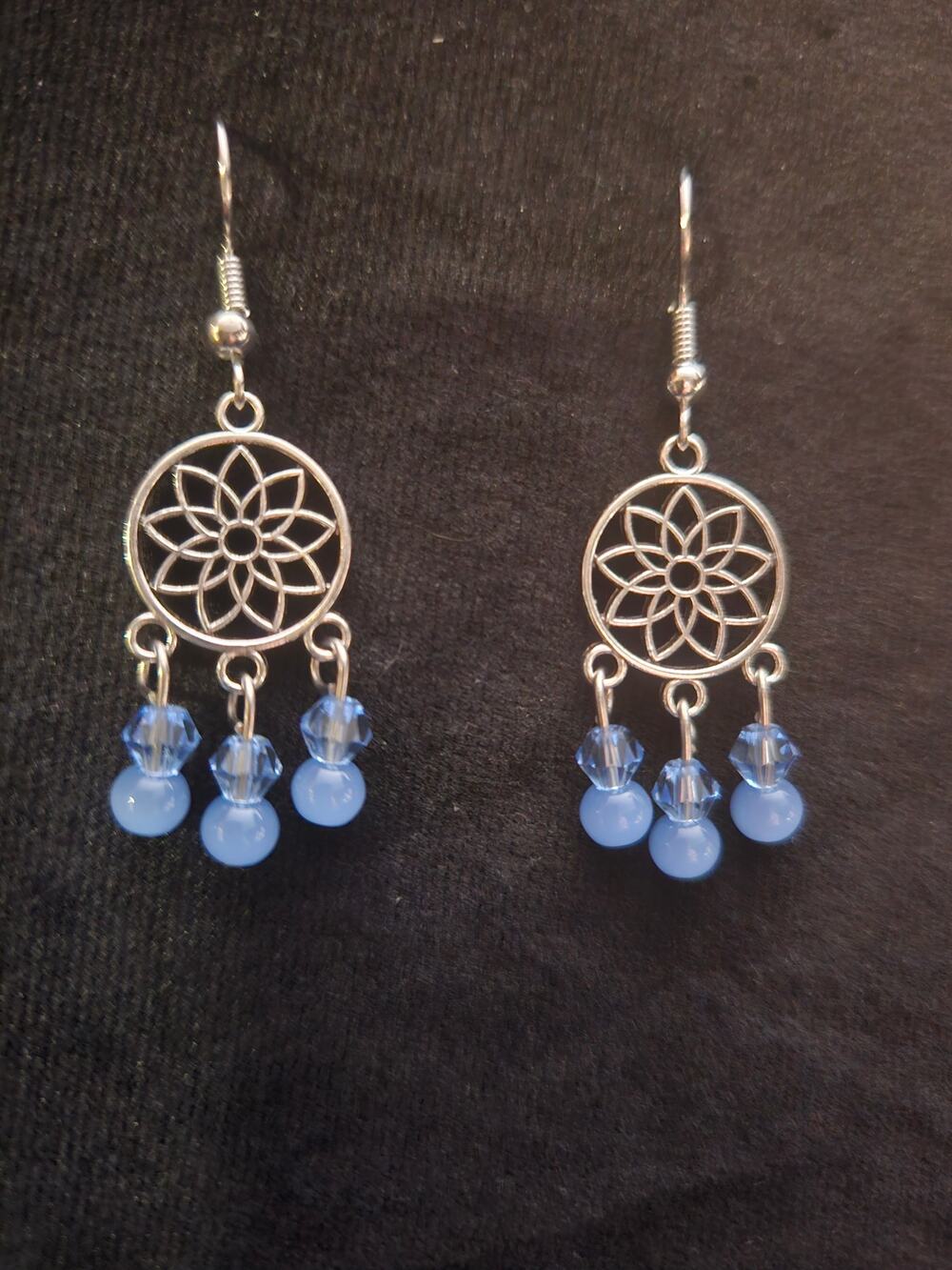 Antique silver dream catcher and blue glass chandelier earrings